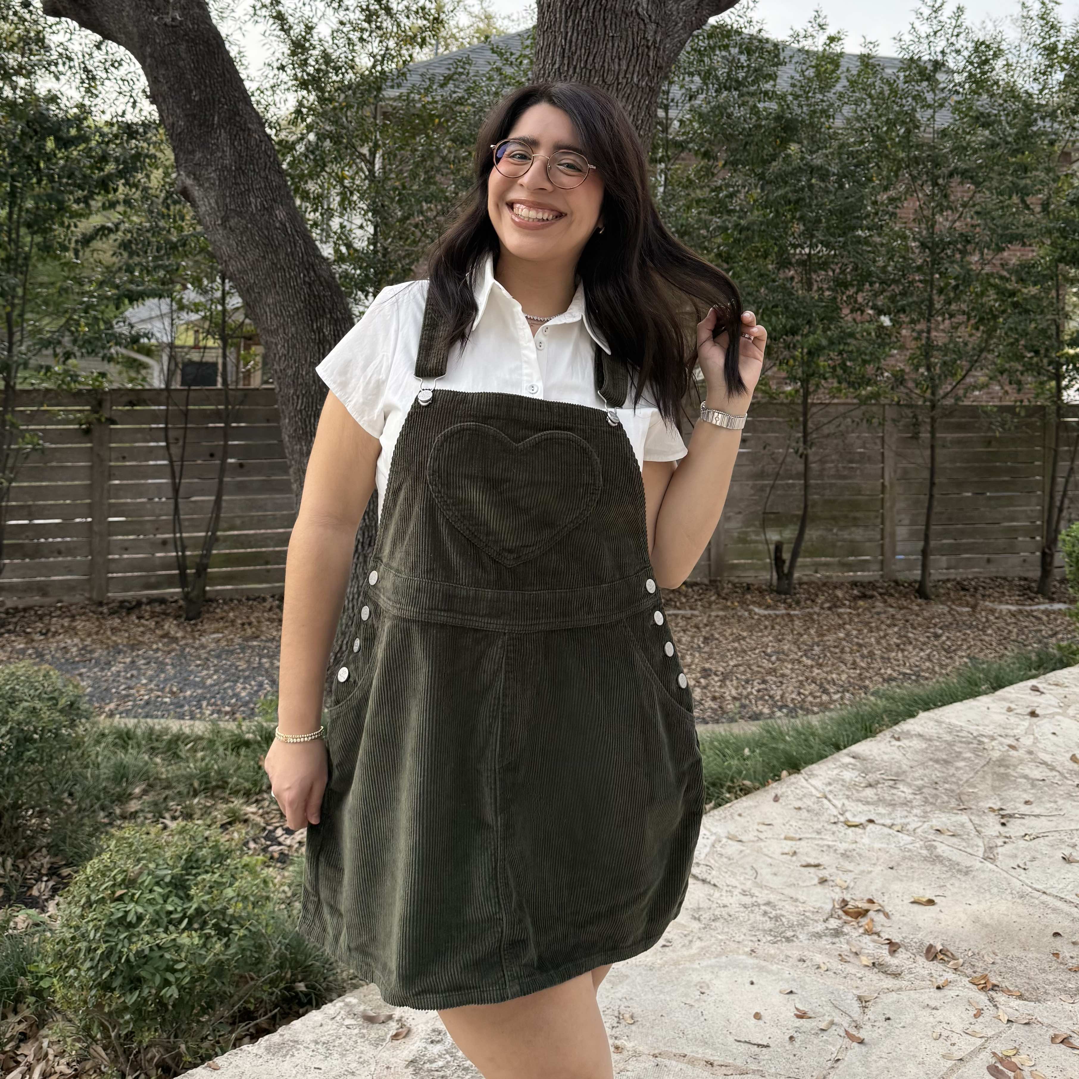 olive green corduroy overall dress Corduroy pinafore dress outfit