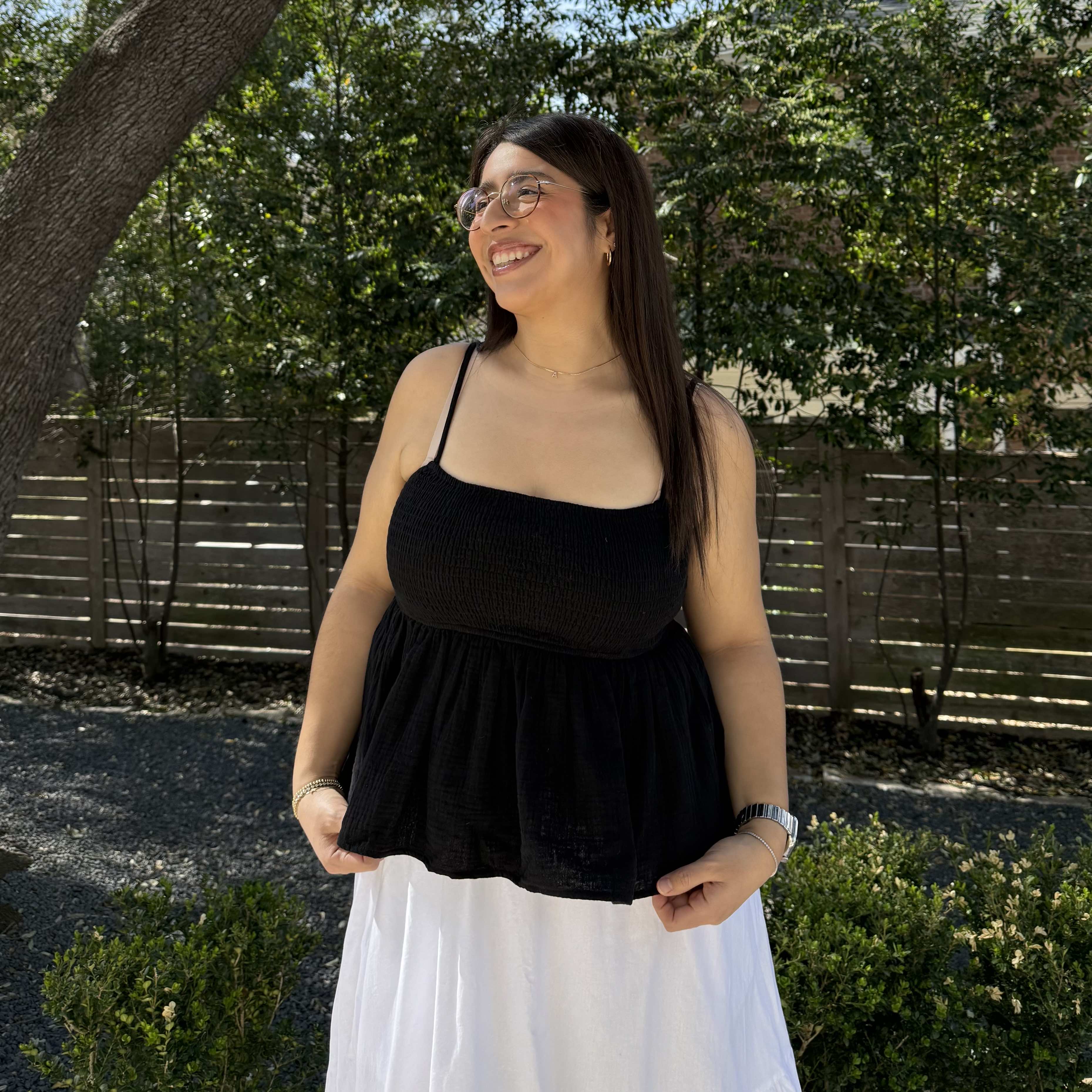 Smocked Strap Peplum Top - Black