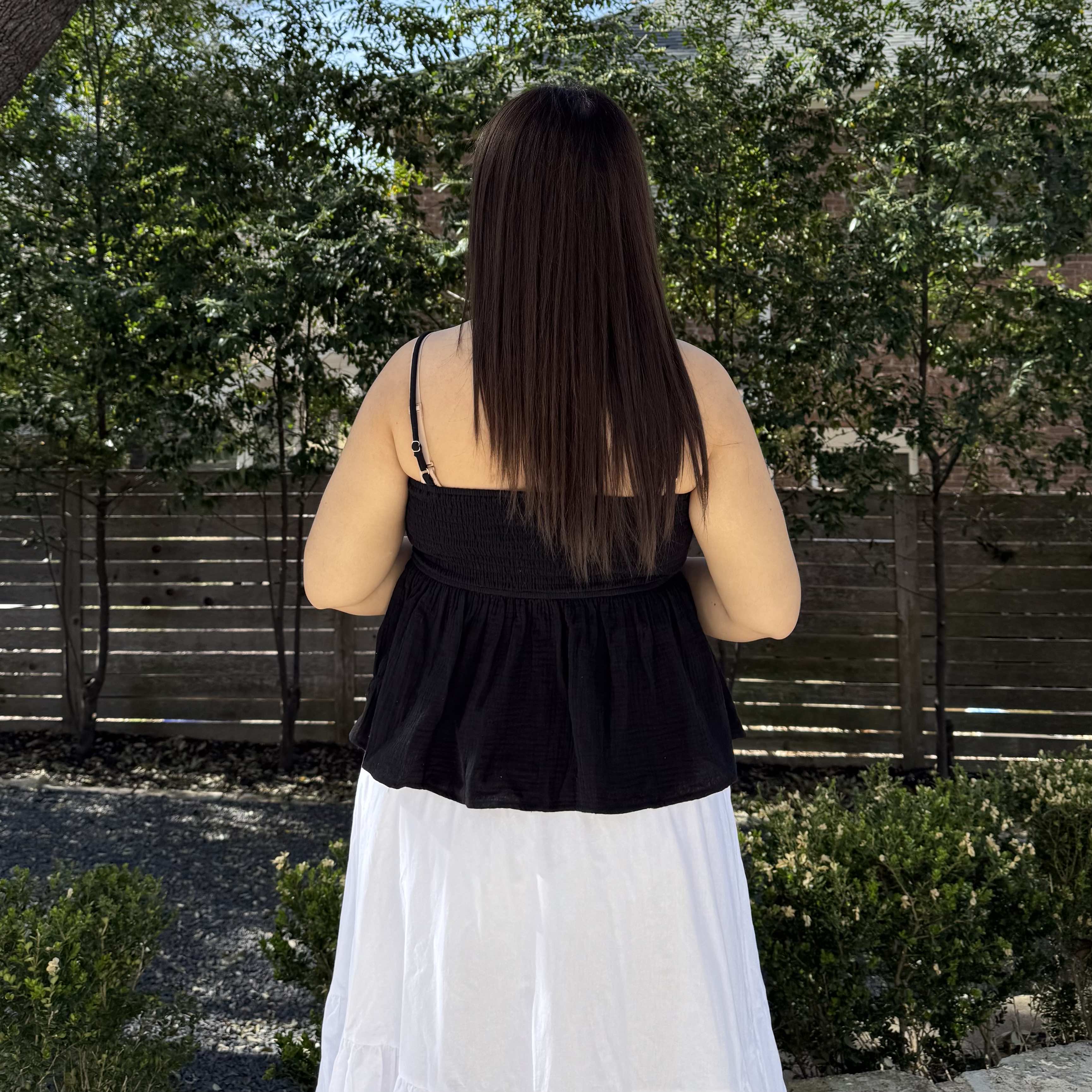 Smocked Strap Peplum Top - Black
