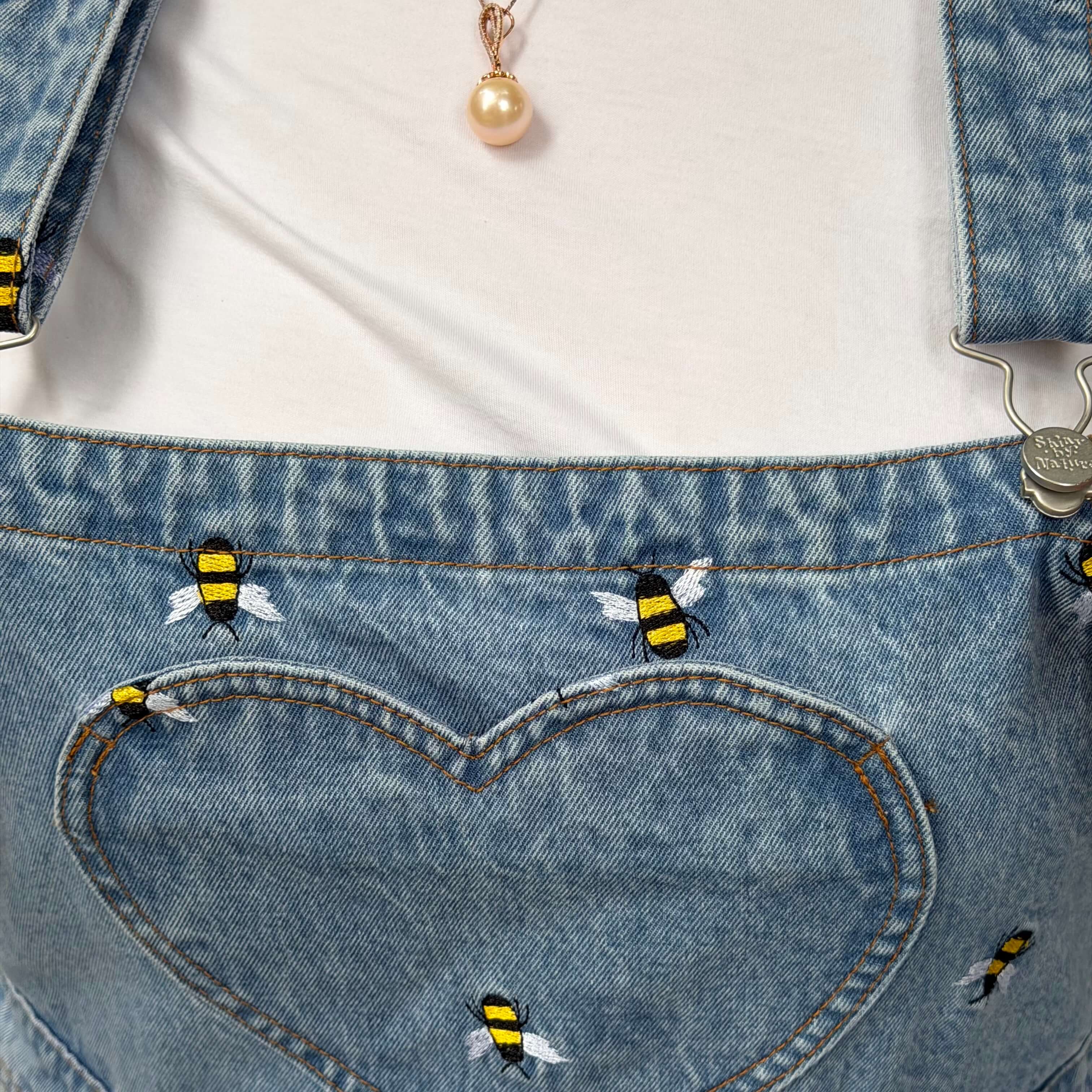 Denim Overall Shorts - Light Wash with Bees – Shiny by Nature