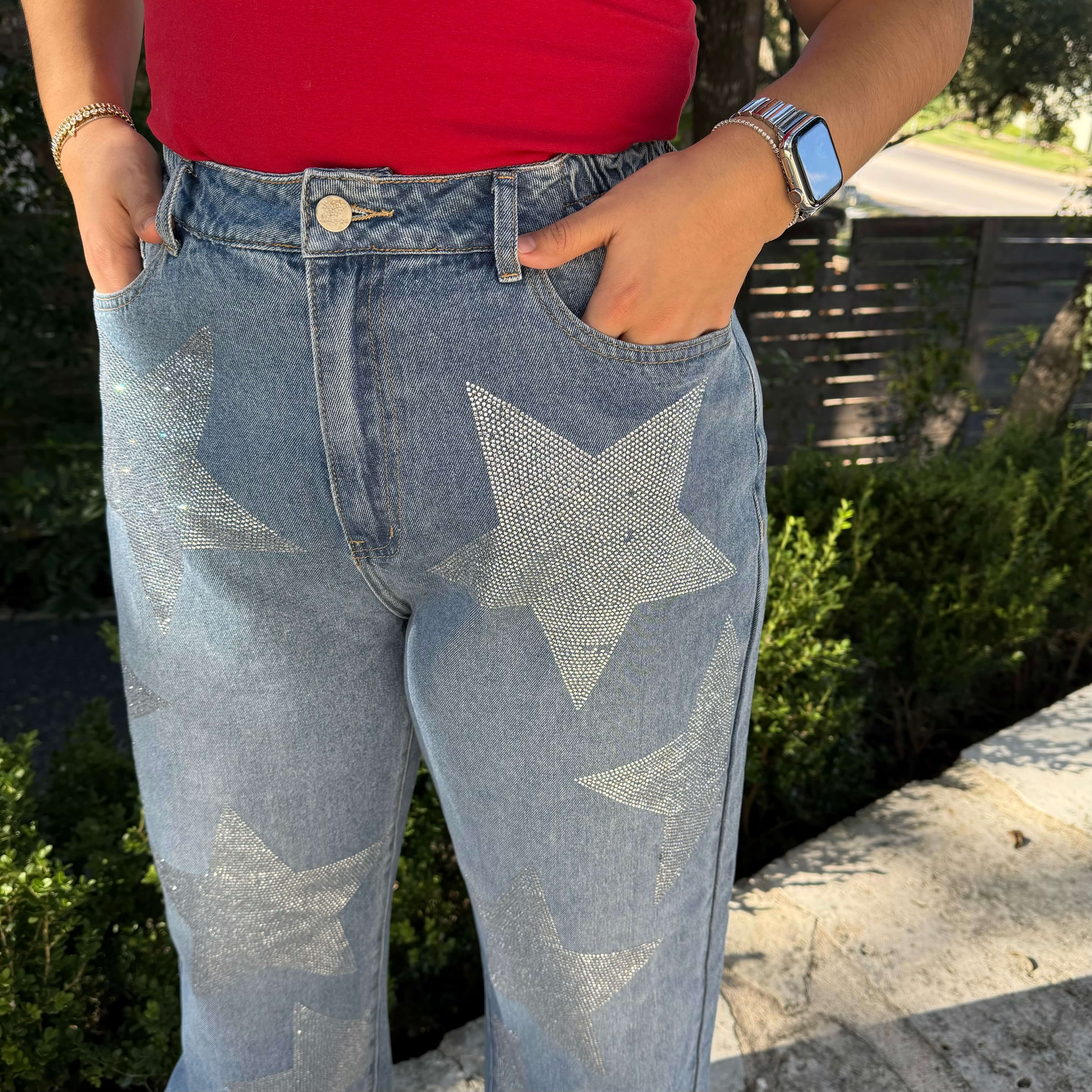 26" Inseam Star Rhinestone Jeans - Light Wash