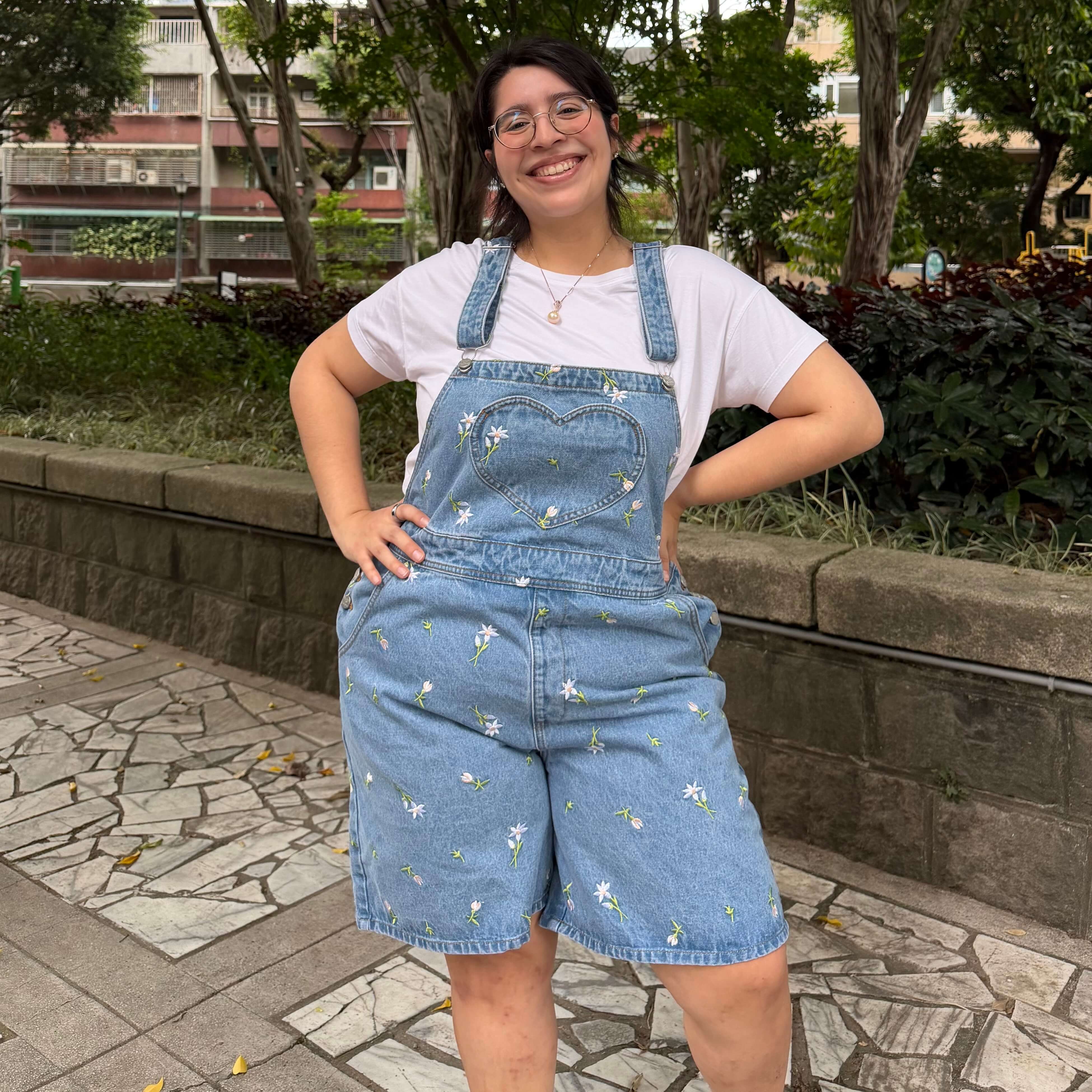 Denim Overall Shorts - Light Wash with Daisies