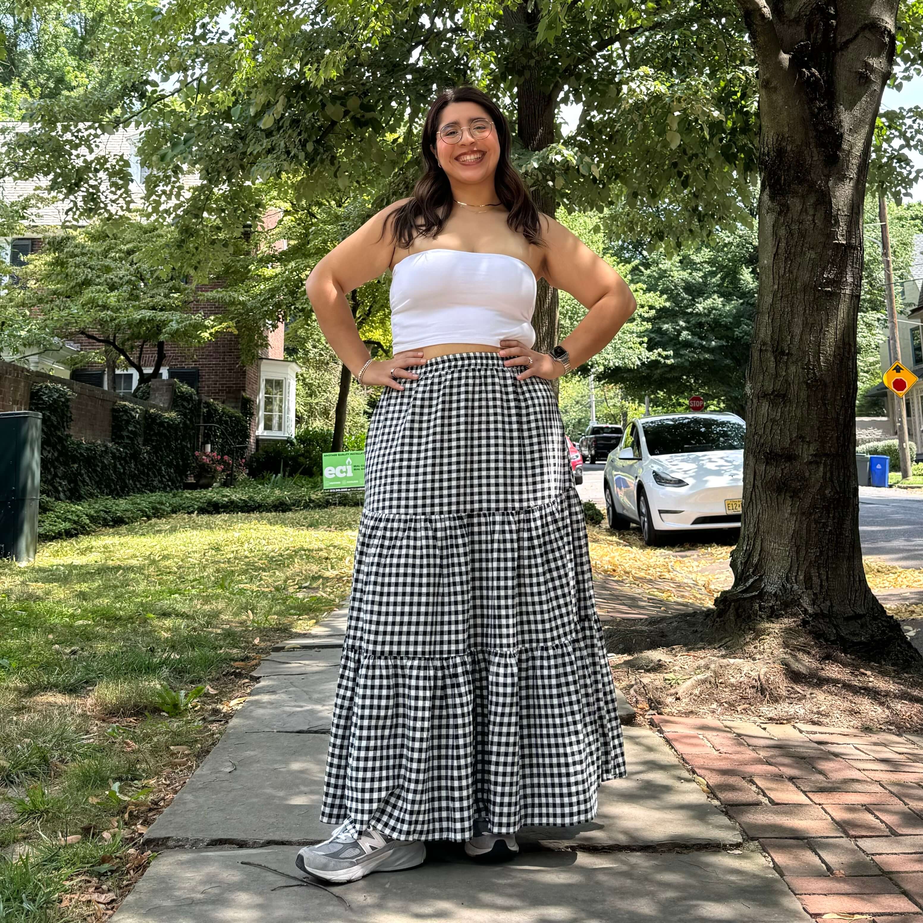 Gingham Long Skirt - Black