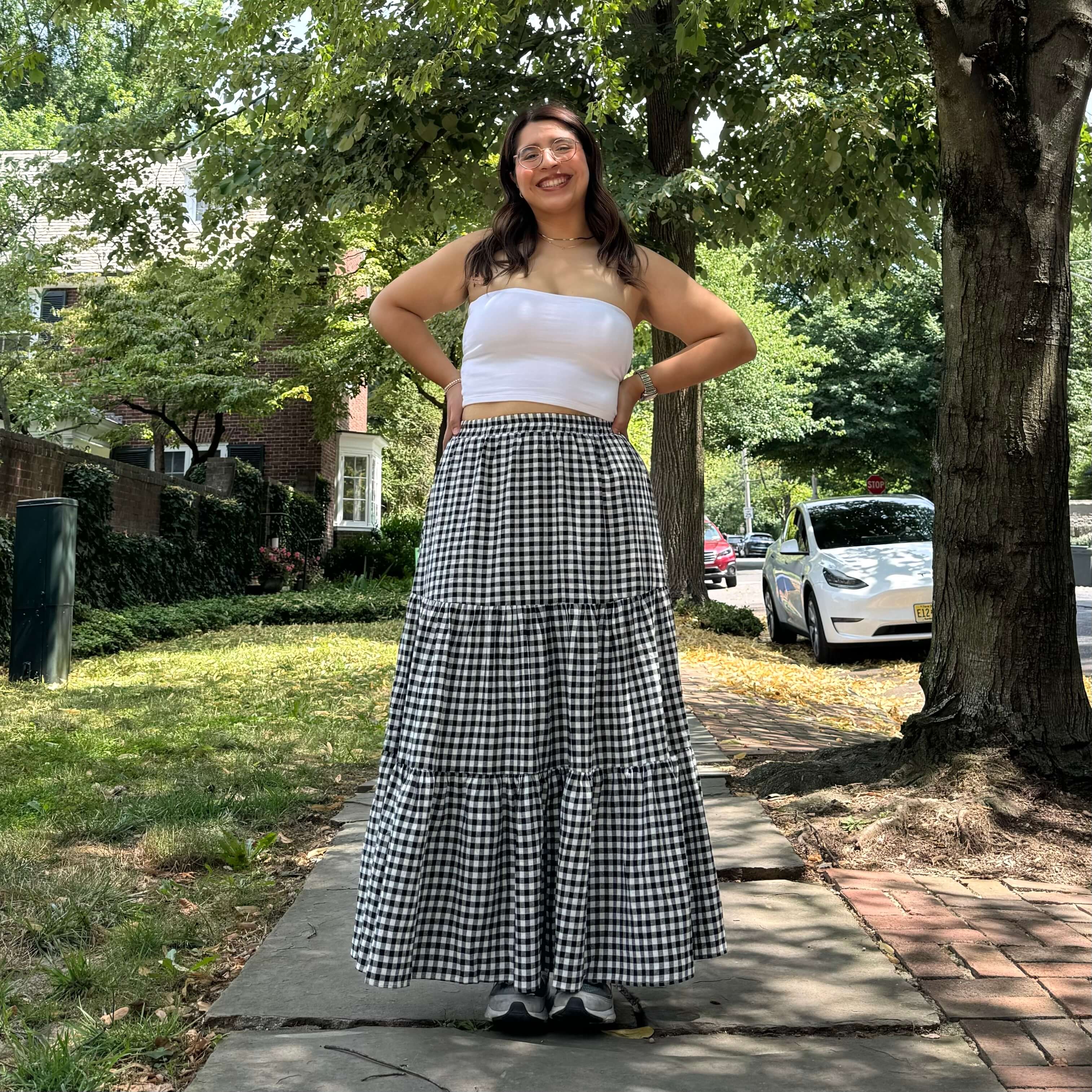 Gingham Long Skirt - Black