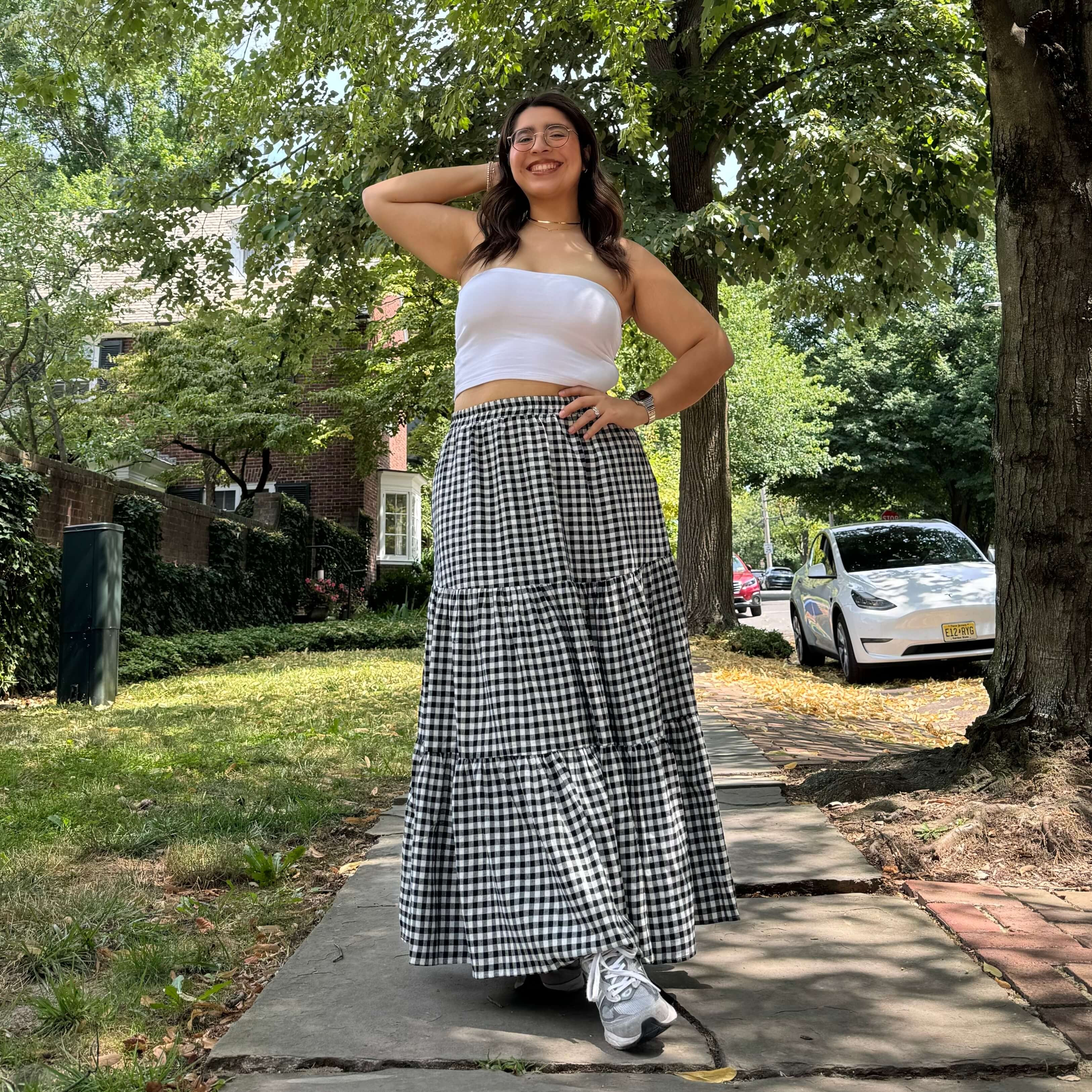 Gingham Long Skirt - Black