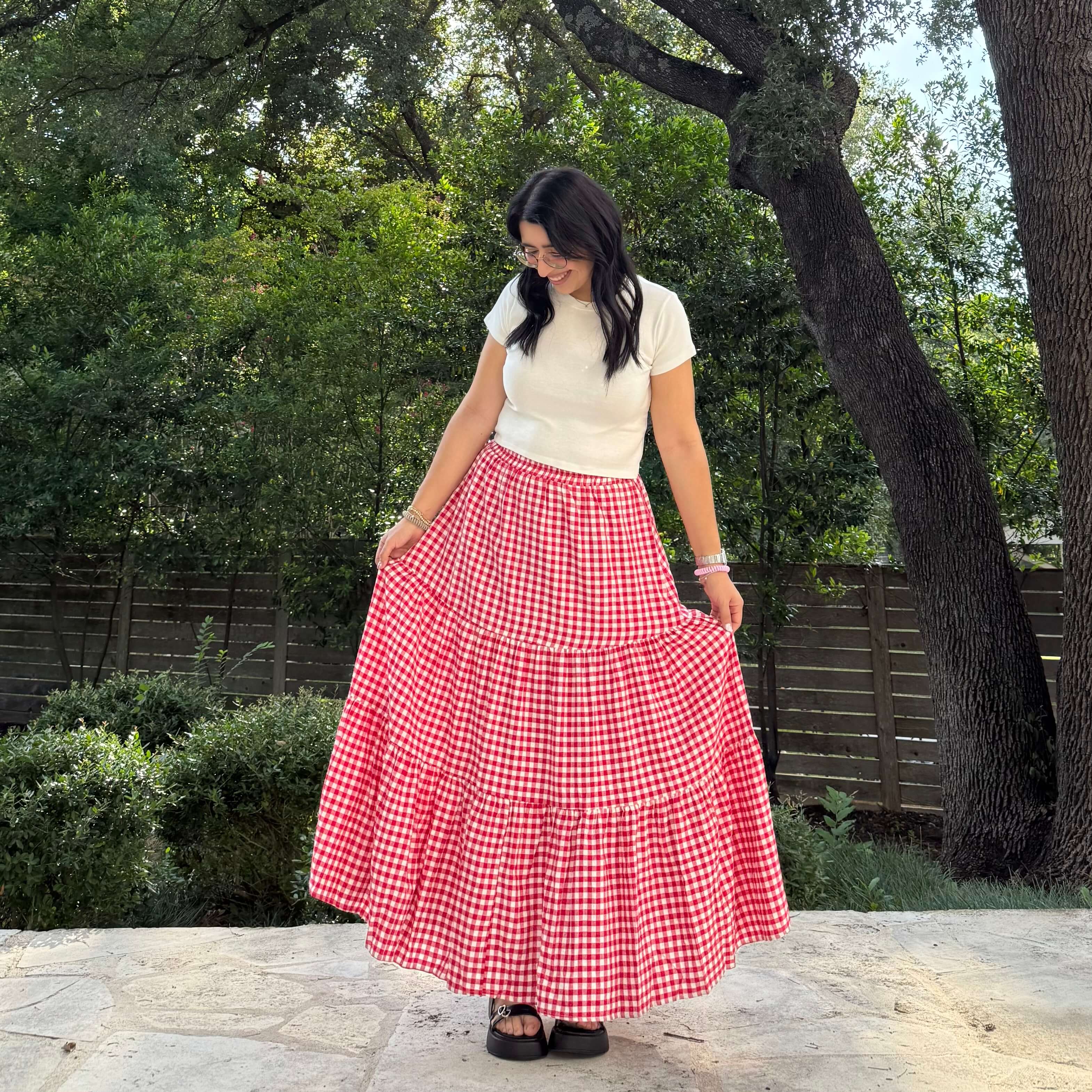 Gingham Long Skirt - Tomato – Shiny by Nature