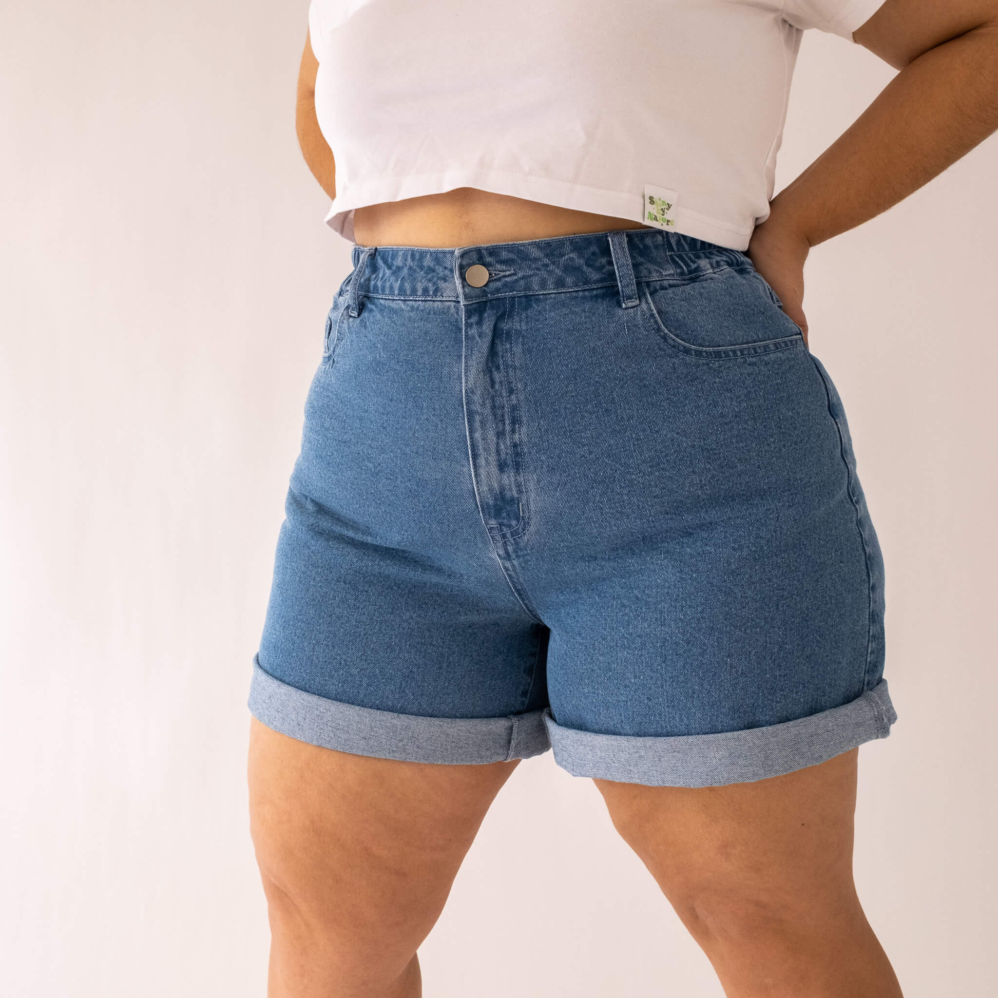 Panel Denim High Waisted Shorts (Light Wash)